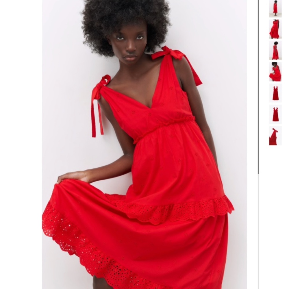 Zara Red Openwork Embroidered Midi Dress, XS, like new